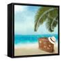 Vintage Beautiful Seaside With Suitcase And A Hat-almoond-Framed Stretched Canvas