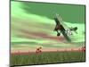 Vintage Biplane Flying Above Green Grass with Flowers by Sunset-null-Mounted Art Print