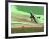 Vintage Biplane Flying Above Green Grass with Flowers by Sunset-null-Framed Art Print