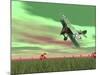 Vintage Biplane Flying Above Green Grass with Flowers by Sunset-null-Mounted Art Print
