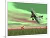 Vintage Biplane Flying Above Green Grass with Flowers by Sunset-null-Framed Art Print