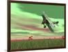 Vintage Biplane Flying Above Green Grass with Flowers by Sunset-null-Framed Art Print