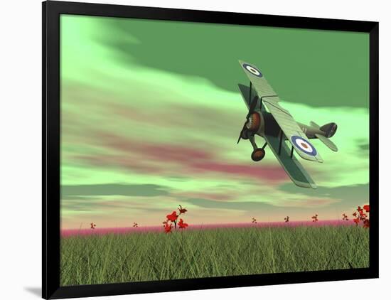 Vintage Biplane Flying Above Green Grass with Flowers by Sunset-null-Framed Art Print