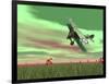 Vintage Biplane Flying Above Green Grass with Flowers by Sunset-null-Framed Art Print