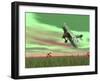 Vintage Biplane Flying Above Green Grass with Flowers by Sunset-null-Framed Art Print