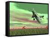 Vintage Biplane Flying Above Green Grass with Flowers by Sunset-null-Framed Stretched Canvas