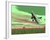 Vintage Biplane Flying Above Green Grass with Flowers by Sunset-null-Framed Art Print