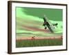 Vintage Biplane Flying Above Green Grass with Flowers by Sunset-null-Framed Art Print