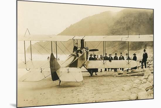 Vintage Biplane on Beach-null-Mounted Art Print