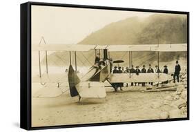 Vintage Biplane on Beach-null-Framed Stretched Canvas