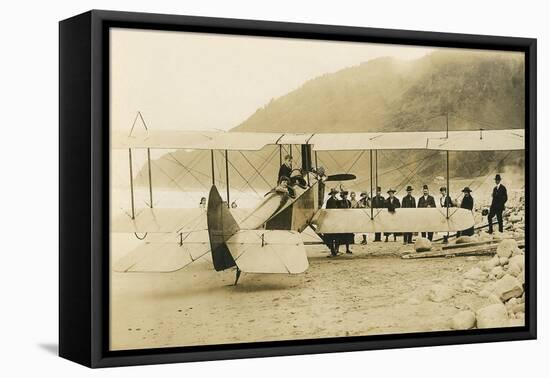 Vintage Biplane on Beach-null-Framed Stretched Canvas
