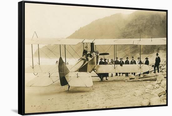 Vintage Biplane on Beach-null-Framed Stretched Canvas