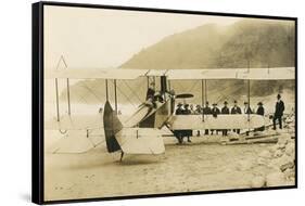 Vintage Biplane on Beach-null-Framed Stretched Canvas