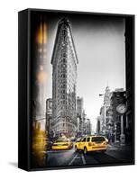 Vintage Black and White Series - Flatiron Building and Yellow Cabs - Manhattan, New York, USA-Philippe Hugonnard-Framed Stretched Canvas