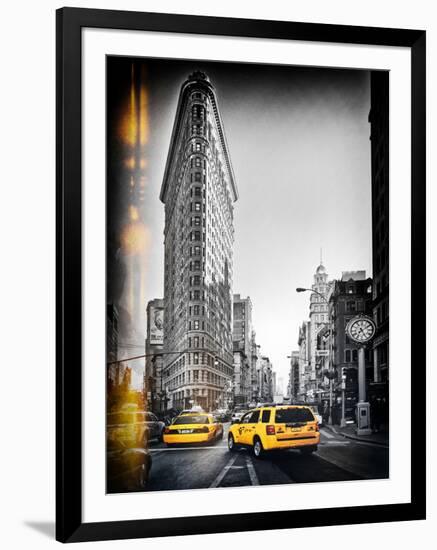 Vintage Black and White Series - Flatiron Building and Yellow Cabs - Manhattan, New York, USA-Philippe Hugonnard-Framed Photographic Print