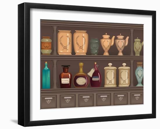 Vintage Bottles and Jars in the Pharmacy Cabinet-Milovelen-Framed Art Print