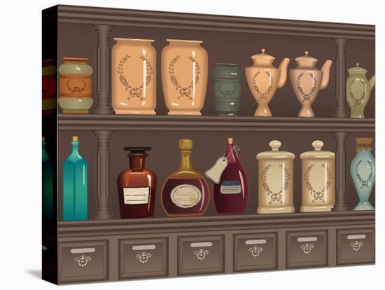 Vintage Bottles and Jars in the Pharmacy Cabinet-Milovelen-Stretched Canvas