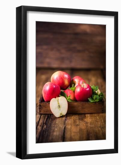 Vintage Box with Freshly Harvested Apples and Leaves-Marcin Jucha-Framed Photographic Print