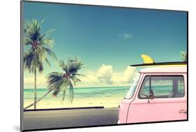 Vintage Car in the Beach with a Surfboard on the Roof-jakkapan-Mounted Photographic Print