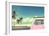 Vintage Car in the Beach with a Surfboard on the Roof-jakkapan-Framed Photographic Print