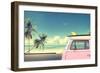 Vintage Car in the Beach with a Surfboard on the Roof-jakkapan-Framed Photographic Print