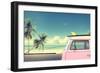 Vintage Car in the Beach with a Surfboard on the Roof-jakkapan-Framed Photographic Print