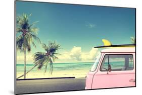 Vintage Car in the Beach with a Surfboard on the Roof-jakkapan-Mounted Photographic Print