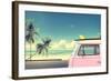 Vintage Car in the Beach with a Surfboard on the Roof-jakkapan-Framed Photographic Print