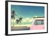 Vintage Car in the Beach with a Surfboard on the Roof-jakkapan-Framed Photographic Print