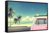 Vintage Car in the Beach with a Surfboard on the Roof-jakkapan-Framed Stretched Canvas