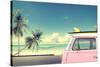 Vintage Car in the Beach with a Surfboard on the Roof-jakkapan-Stretched Canvas