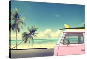 Vintage Car in the Beach with a Surfboard on the Roof-jakkapan-Stretched Canvas