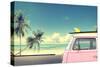 Vintage Car in the Beach with a Surfboard on the Roof-jakkapan-Stretched Canvas