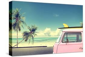 Vintage Car in the Beach with a Surfboard on the Roof-jakkapan-Stretched Canvas
