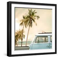 Vintage Car Parked on the Tropical Beach (Seaside) with a Surfboard on the Roof-jakkapan-Framed Photographic Print