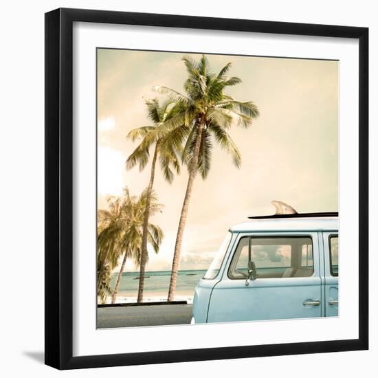 Vintage Car Parked on the Tropical Beach (Seaside) with a Surfboard on the Roof-jakkapan-Framed Photographic Print