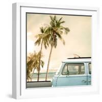 Vintage Car Parked on the Tropical Beach (Seaside) with a Surfboard on the Roof-jakkapan-Framed Photographic Print