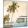 Vintage Car Parked on the Tropical Beach (Seaside) with a Surfboard on the Roof-jakkapan-Mounted Photographic Print