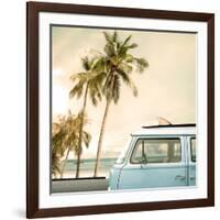 Vintage Car Parked on the Tropical Beach (Seaside) with a Surfboard on the Roof-jakkapan-Framed Photographic Print