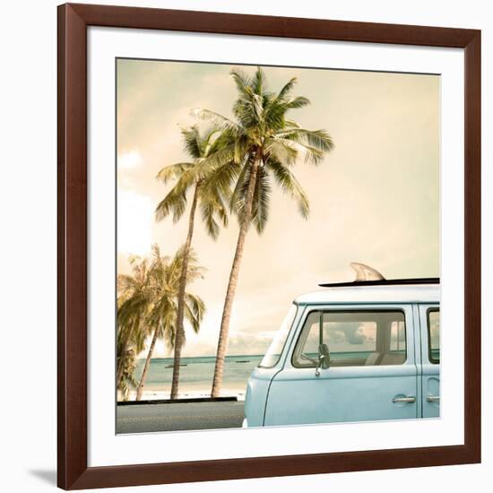 Vintage Car Parked on the Tropical Beach (Seaside) with a Surfboard on the Roof-jakkapan-Framed Photographic Print