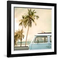 Vintage Car Parked on the Tropical Beach (Seaside) with a Surfboard on the Roof-jakkapan-Framed Photographic Print