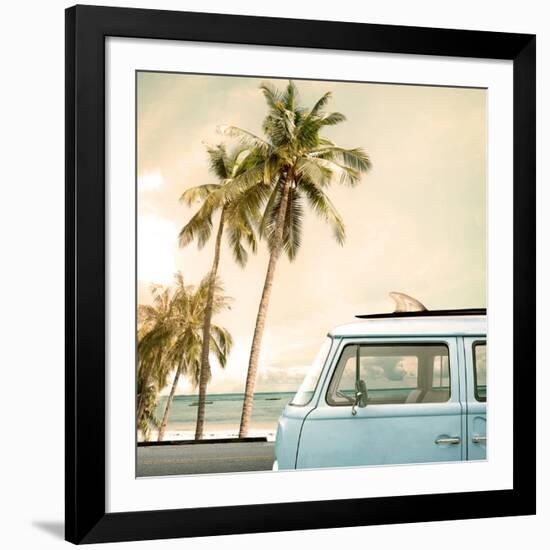 Vintage Car Parked on the Tropical Beach (Seaside) with a Surfboard on the Roof-jakkapan-Framed Photographic Print