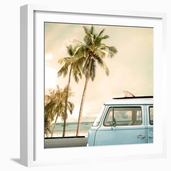 Vintage Car Parked on the Tropical Beach (Seaside) with a Surfboard on the Roof-jakkapan-Framed Photographic Print