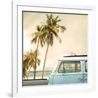 Vintage Car Parked on the Tropical Beach (Seaside) with a Surfboard on the Roof-jakkapan-Framed Photographic Print