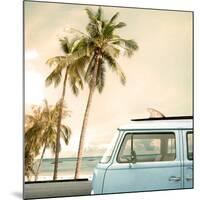 Vintage Car Parked on the Tropical Beach (Seaside) with a Surfboard on the Roof-jakkapan-Mounted Photographic Print