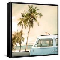 Vintage Car Parked on the Tropical Beach (Seaside) with a Surfboard on the Roof-jakkapan-Framed Stretched Canvas