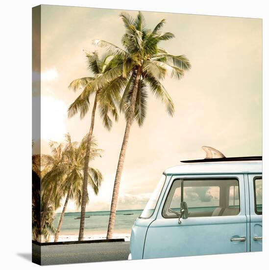 Vintage Car Parked on the Tropical Beach (Seaside) with a Surfboard on the Roof-jakkapan-Stretched Canvas