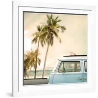 Vintage Car Parked on the Tropical Beach (Seaside) with a Surfboard on the Roof-jakkapan-Framed Photographic Print