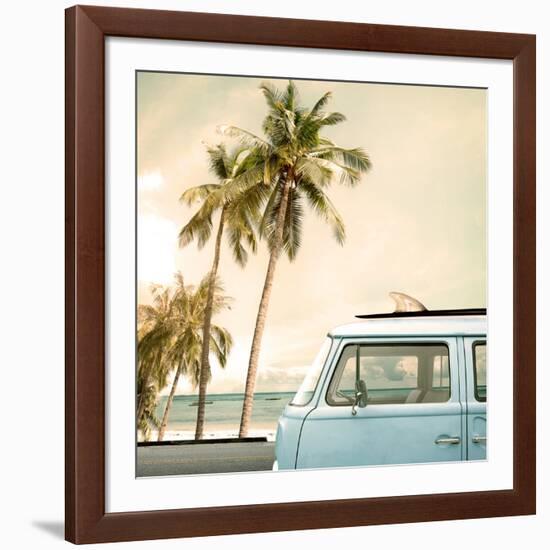 Vintage Car Parked on the Tropical Beach (Seaside) with a Surfboard on the Roof-jakkapan-Framed Photographic Print