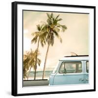 Vintage Car Parked on the Tropical Beach (Seaside) with a Surfboard on the Roof-jakkapan-Framed Giclee Print